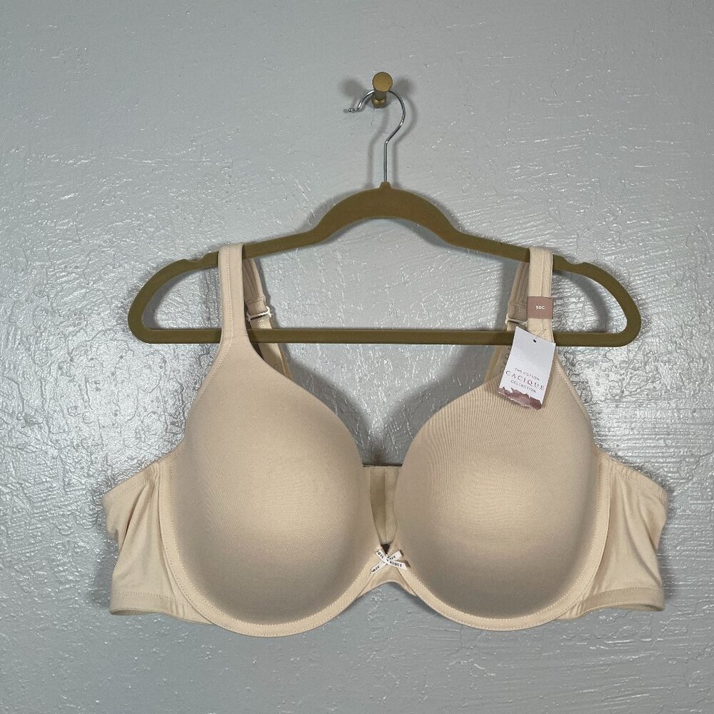 Cacique Women Plus Size 50C Ivory White Cotton Boost Plunge Bra Underwire Padded
